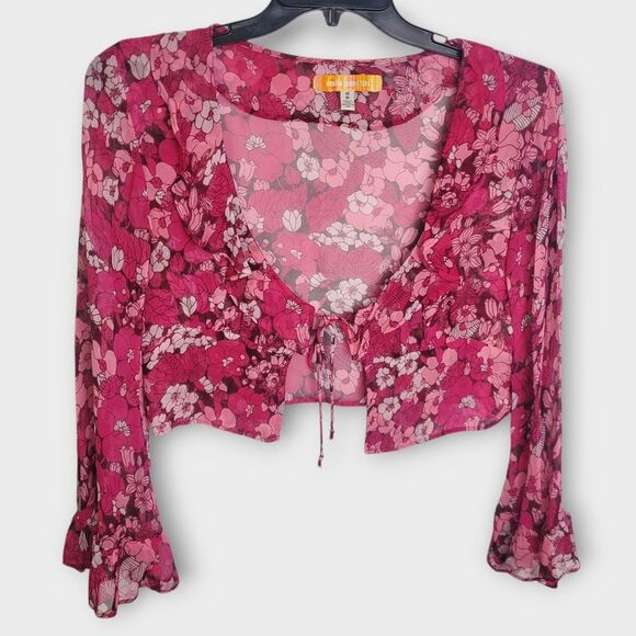 Urban Outfitters Juliet Sheer Floral Tie Front Ruffle Blouse Medium - Picture 2 of 7